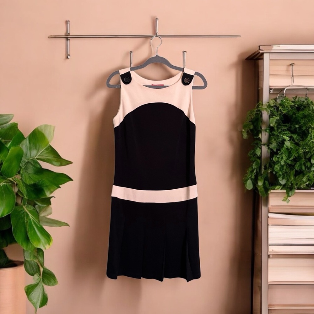 ABS Allen Schwartz Dress Size M Black Cream Pleated Y2K Shift Mini - Picture 8 of 10